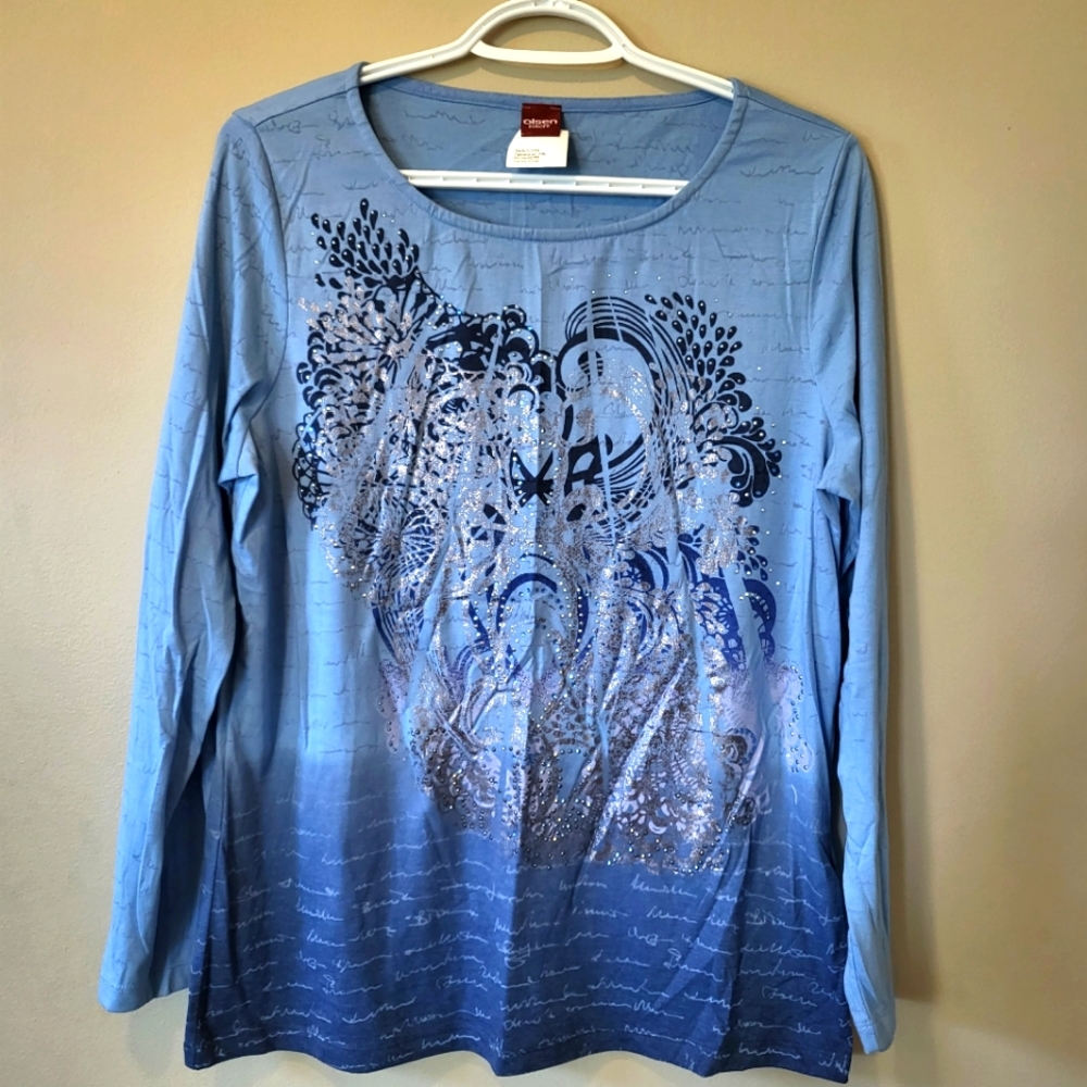 Olsen ladies long sleeve Lightweight shirt. Ombre blues.  USA 10